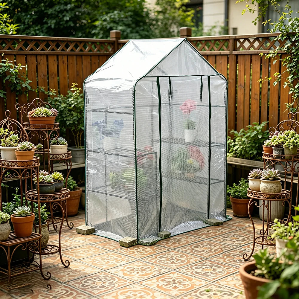 SOLARA Mini Walk-in Greenhouse Single Tier White Cover Breathable Mesh Roll-Up Door Compact Design for Balcony Garden