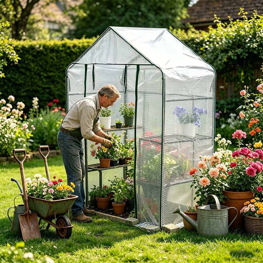 SOLARA Mini Walk-in Greenhouse Single Tier White Cover Breathable Mesh Roll-Up Door Compact Design for Balcony Garden