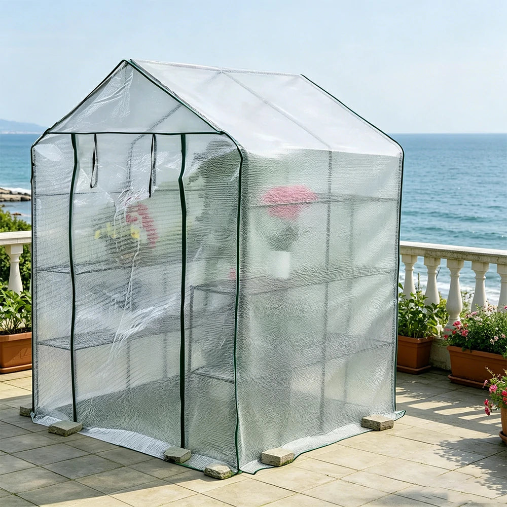 SOLARA Mini Walk-in Greenhouse 2-Tier White Cover Breathable Mesh Roll-Up Door Compact Design for Balcony Garden