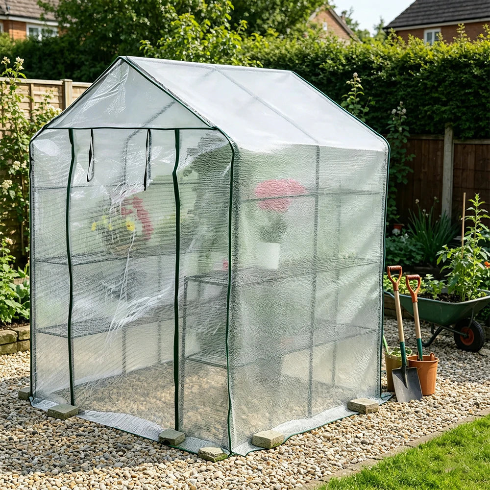 SOLARA Mini Walk-in Greenhouse 2-Tier White Cover Breathable Mesh Roll-Up Door Compact Design for Balcony Garden