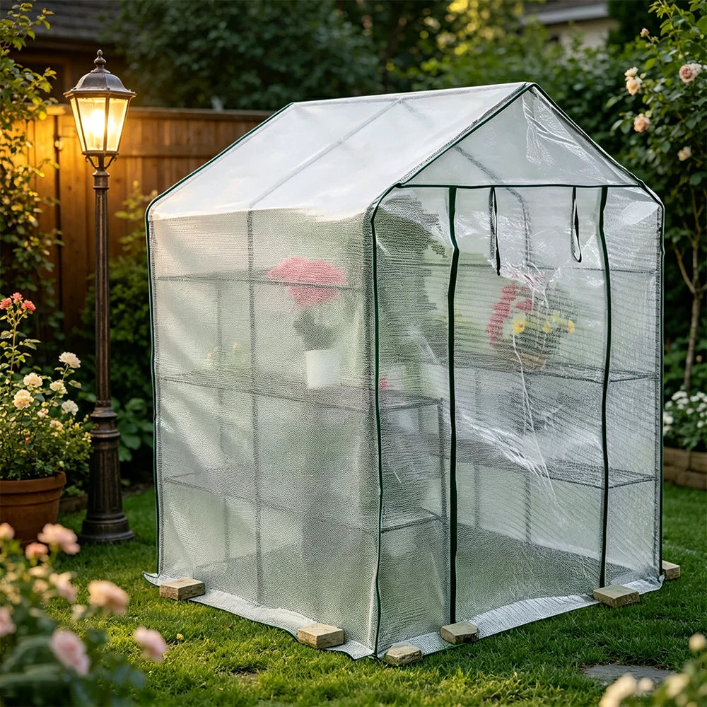 SOLARA Mini Walk-in Greenhouse 2-Tier White Cover Breathable Mesh Roll-Up Door Compact Design for Balcony Garden