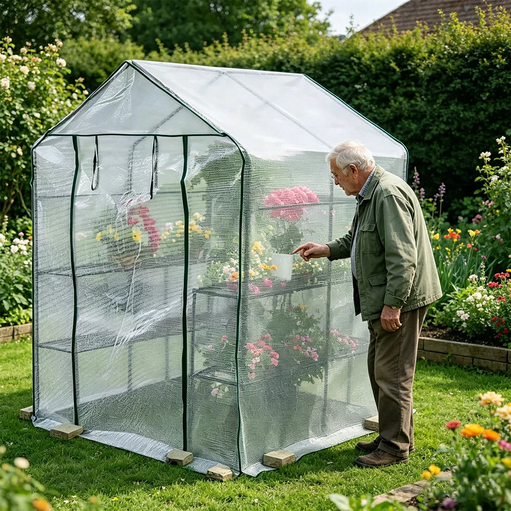 SOLARA Mini Walk-in Greenhouse 2-Tier White Cover Breathable Mesh Roll-Up Door Compact Design for Balcony Garden