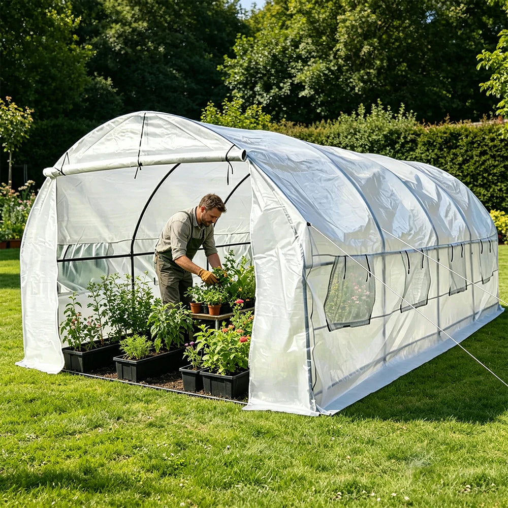 SOLARA Reinforced Outdoor Greenhouse Steel Frame High Light Transmission PE Cover Weatherproof for Garden Backyard Planting - White