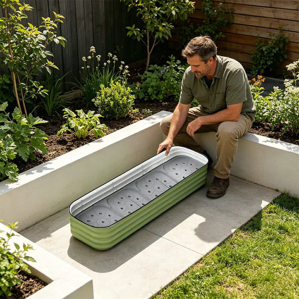 SOLARA Modular Raised Garden Bed with Water Reservoir Reinforced Outdoor Planter Box 160x40x28cm for Balcony Courtyard