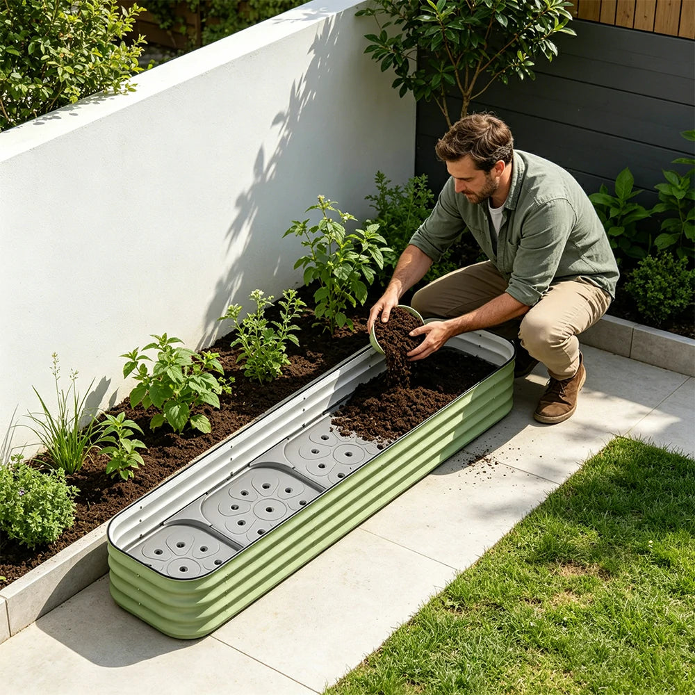 SOLARA Modular Raised Garden Bed with Water Reservoir Reinforced Outdoor Planter Box 200x40x28cm for Balcony Courtyard