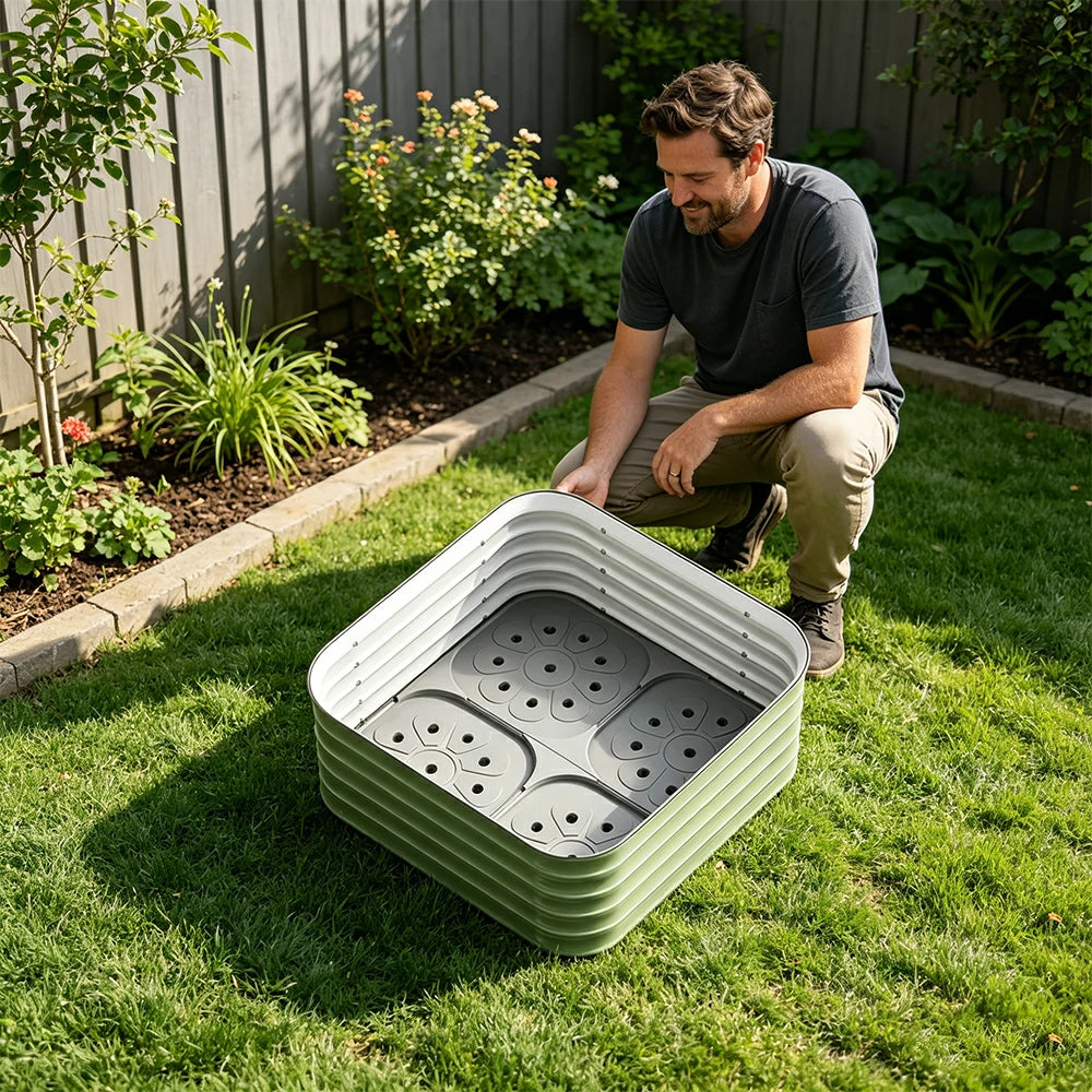 SOLARA Modular Raised Garden Bed with Water Reservoir Reinforced Outdoor Planter Box 80x80x43cm for Balcony Courtyard
