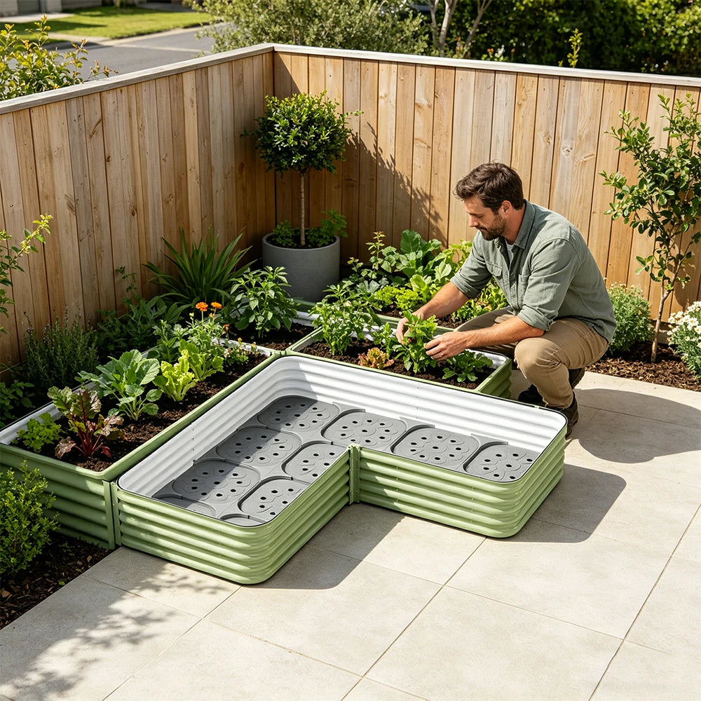 SOLARA Modular Raised Garden Bed with Water Reservoir Reinforced Outdoor Planter Box 160x80x28cm for Balcony Courtyard