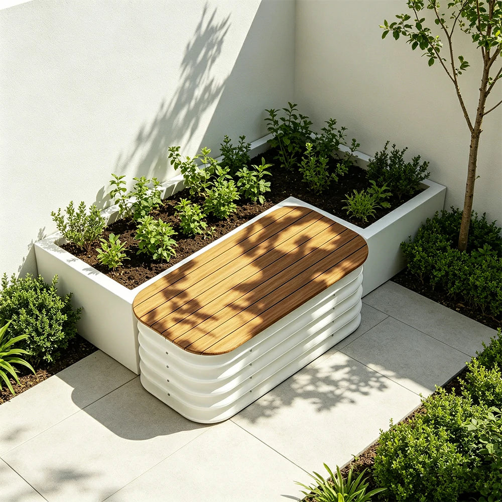 SOLARA Modular Raised Garden Bed with WPC Seat Cover Water Storage Outdoor Planter Box 80x40x43cm for Balcony Patio - White