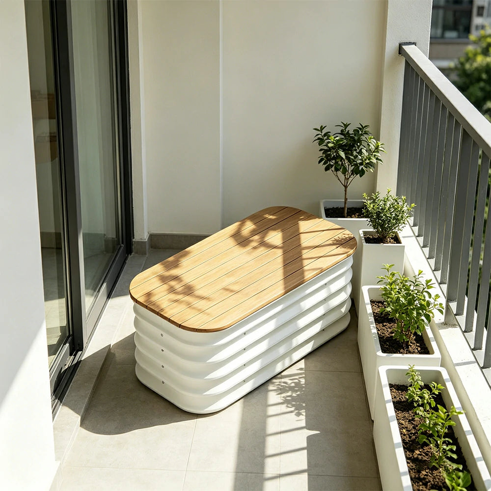 SOLARA Modular Raised Garden Bed with WPC Seat Cover Water Storage Outdoor Planter Box 80x40x43cm for Balcony Patio - White