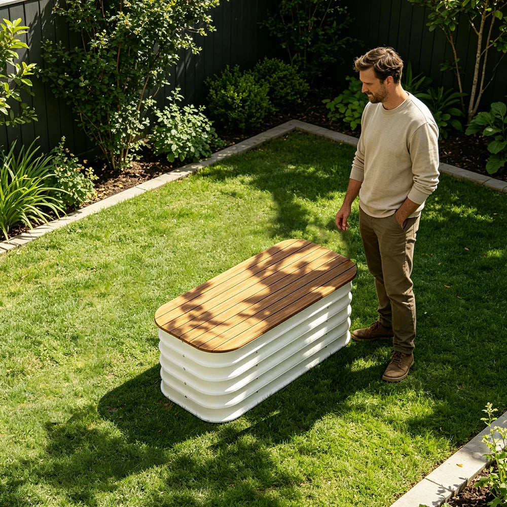 SOLARA Modular Raised Garden Bed with WPC Seat Cover Water Storage Outdoor Planter Box 80x40x43cm for Balcony Patio - White