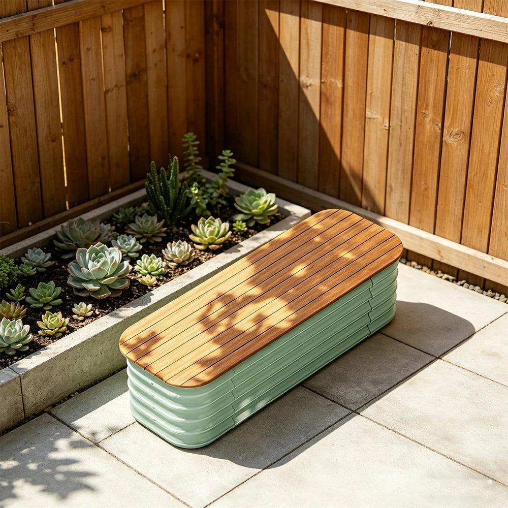 SOLARA Modular Raised Garden Bed with WPC Seat Cover Water Storage Outdoor Planter Box 120x40x43cm for Balcony Patio - Green