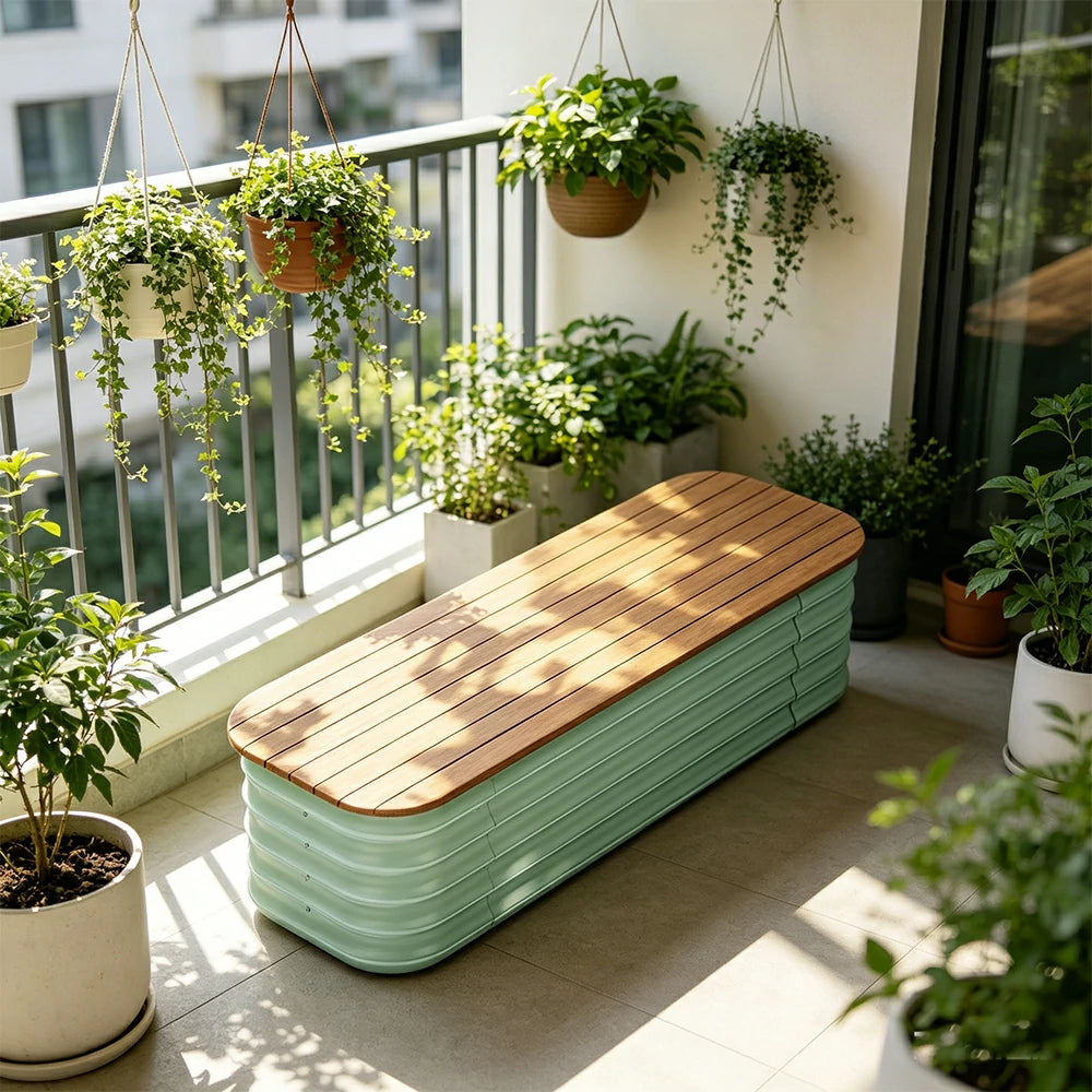 SOLARA Modular Raised Garden Bed with WPC Seat Cover Water Storage Outdoor Planter Box 120x40x43cm for Balcony Patio - Green