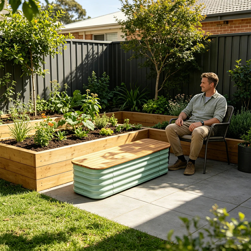 SOLARA Modular Raised Garden Bed with WPC Seat Cover Water Storage Outdoor Planter Box 120x40x43cm for Balcony Patio - Green