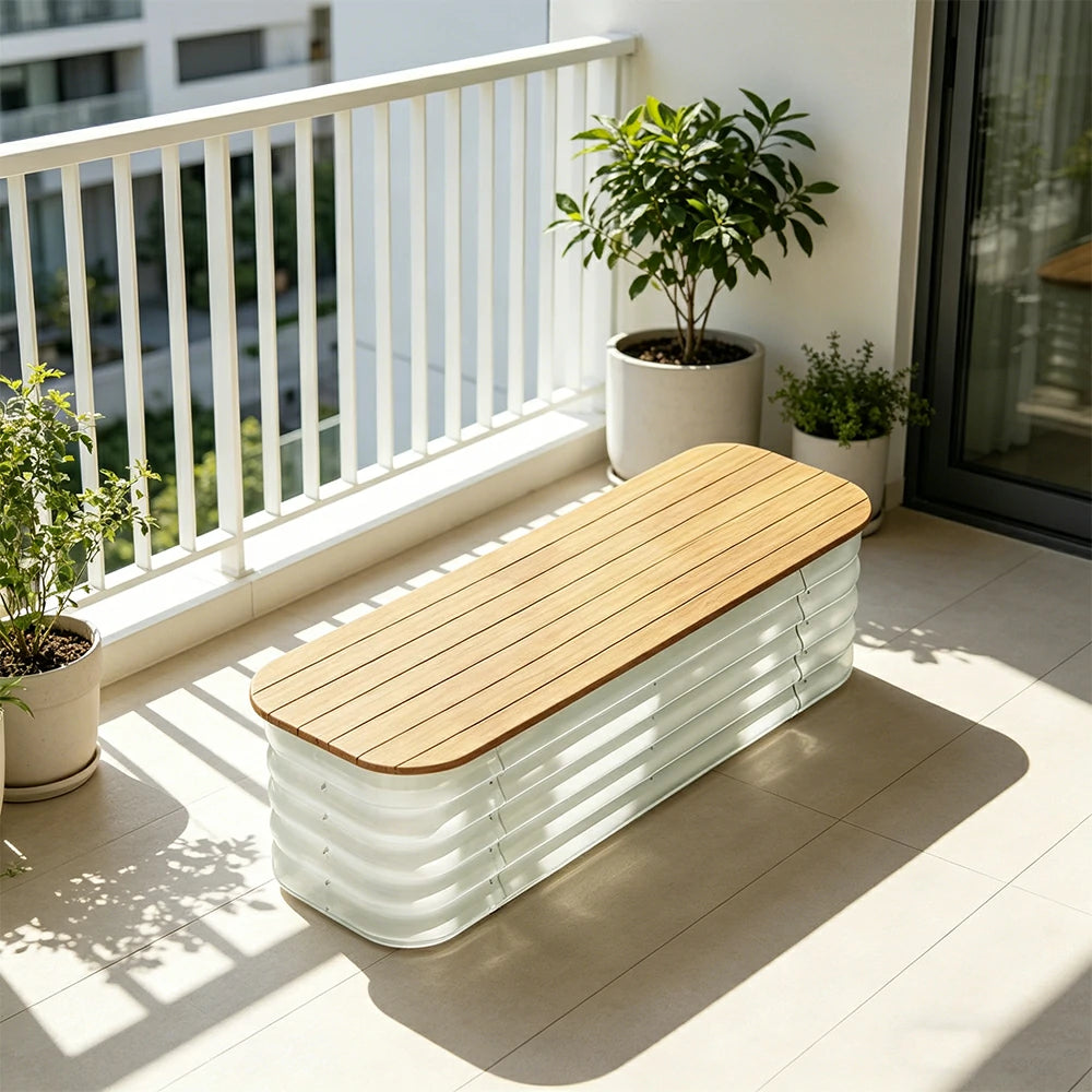 SOLARA Modular Raised Garden Bed with WPC Seat Cover Water Storage Outdoor Planter Box 120x40x43cm for Balcony Patio - White