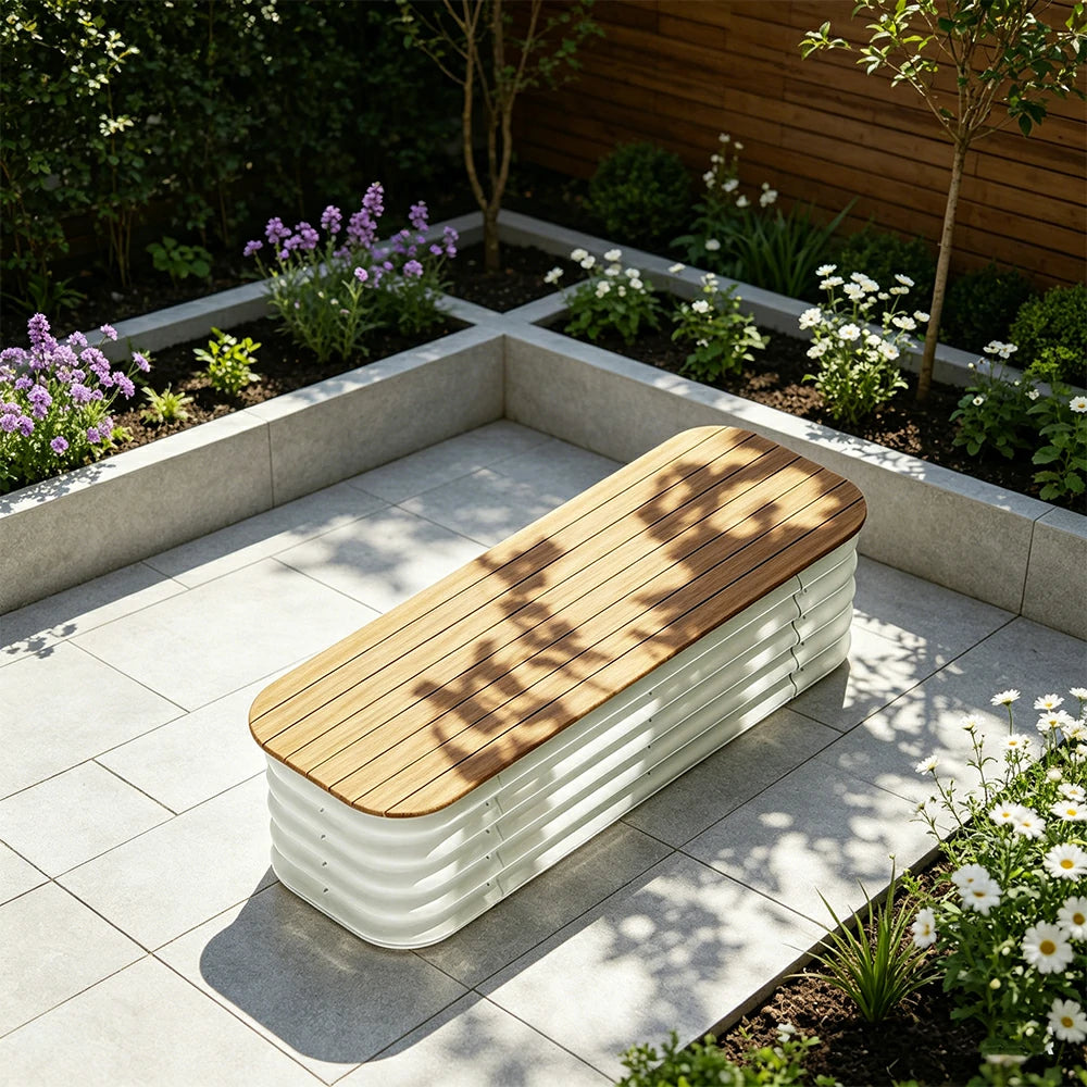 SOLARA Modular Raised Garden Bed with WPC Seat Cover Water Storage Outdoor Planter Box 120x40x43cm for Balcony Patio - White