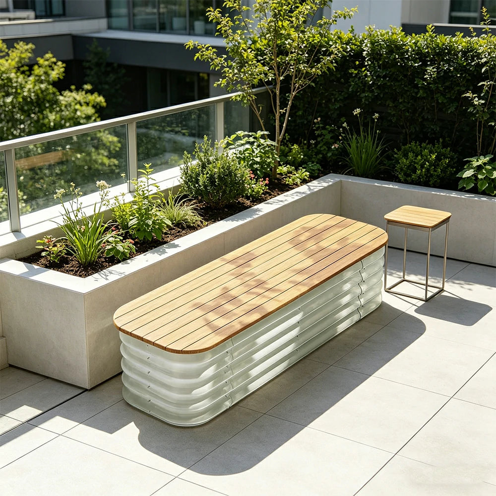 SOLARA Modular Raised Garden Bed with WPC Seat Cover Water Storage Outdoor Planter Box 120x40x43cm for Balcony Patio - White