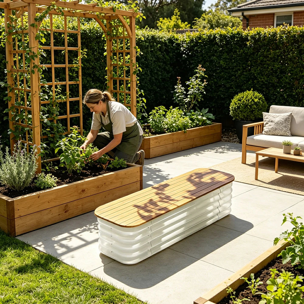SOLARA Modular Raised Garden Bed with WPC Seat Cover Water Storage Outdoor Planter Box 120x40x43cm for Balcony Patio - White