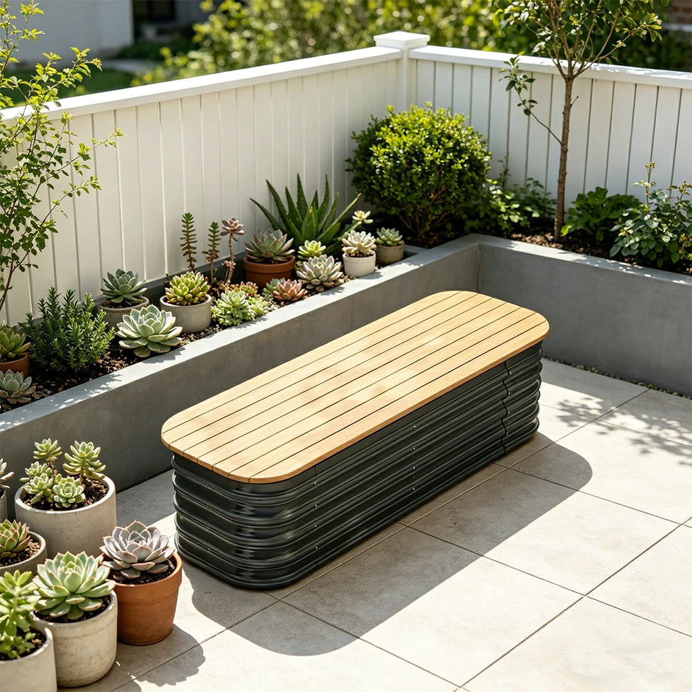SOLARA Modular Raised Garden Bed with WPC Seat Cover Water Storage Outdoor Planter Box 120x40x43cm for Balcony Patio - Grey