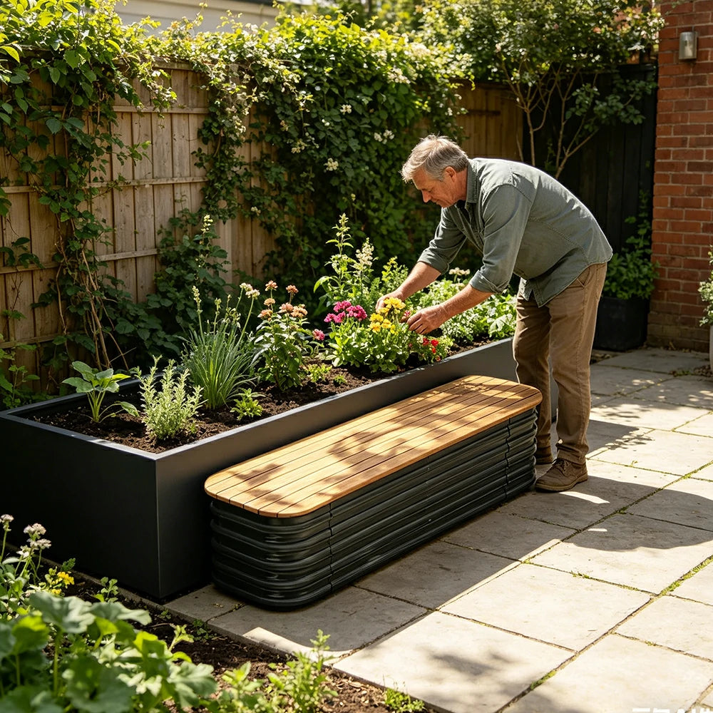 SOLARA Modular Raised Garden Bed with WPC Seat Cover Water Storage Outdoor Planter Box 120x40x43cm for Balcony Patio - Grey