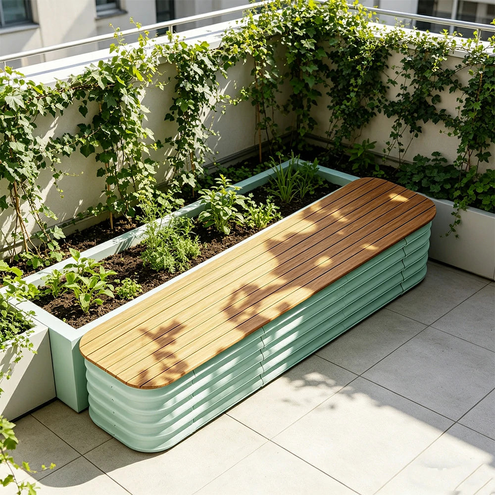 SOLARA Modular Raised Garden Bed with WPC Seat Cover Water Storage Outdoor Planter Box 160x40x43cm for Balcony Patio - Green