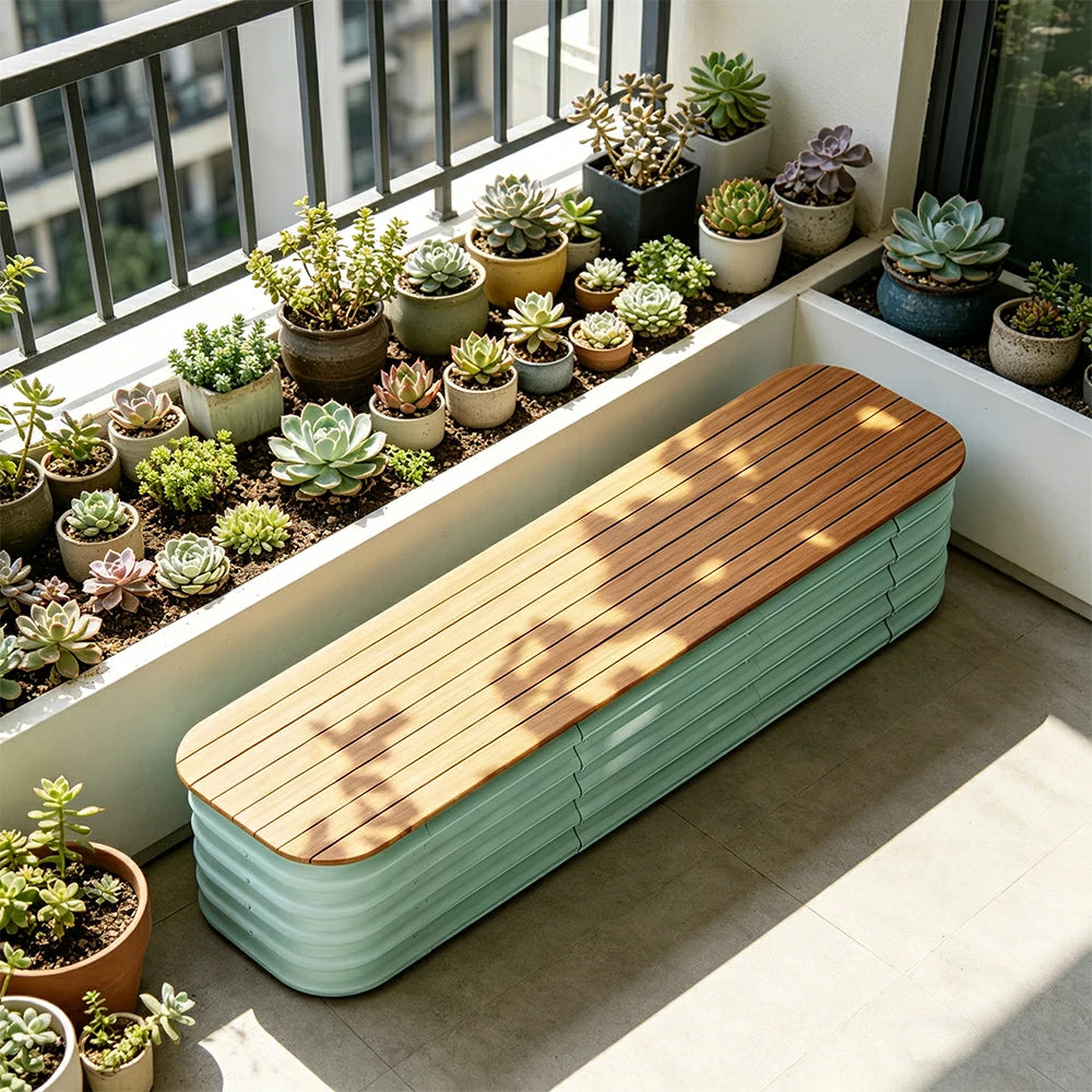 SOLARA Modular Raised Garden Bed with WPC Seat Cover Water Storage Outdoor Planter Box 160x40x43cm for Balcony Patio - Green