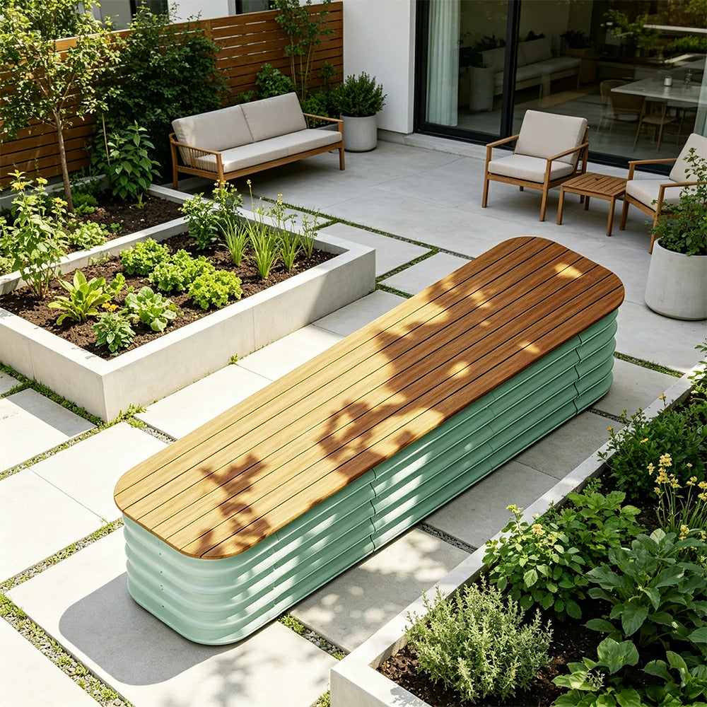 SOLARA Modular Raised Garden Bed with WPC Seat Cover Water Storage Outdoor Planter Box 160x40x43cm for Balcony Patio - Green