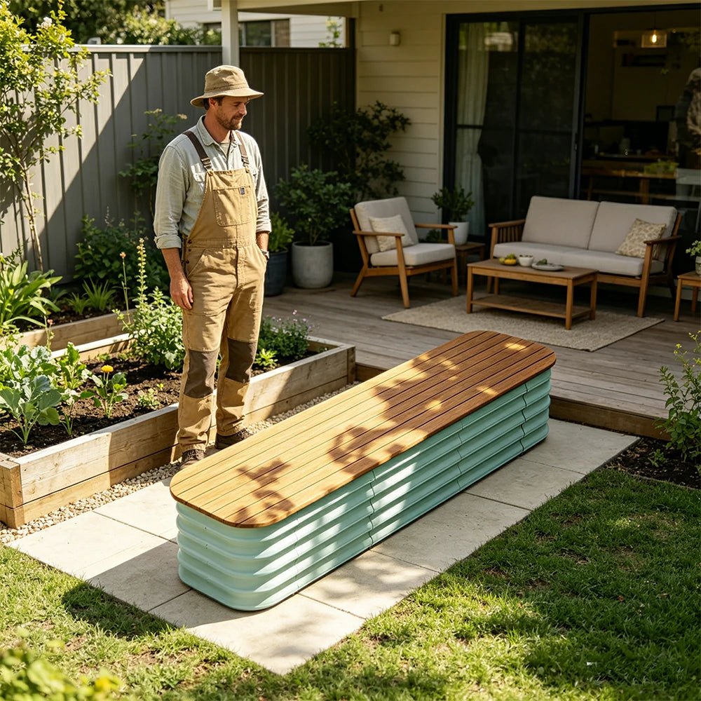 SOLARA Modular Raised Garden Bed with WPC Seat Cover Water Storage Outdoor Planter Box 160x40x43cm for Balcony Patio - Green