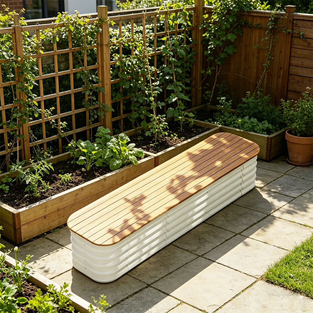 SOLARA Modular Raised Garden Bed with WPC Seat Cover Water Storage Outdoor Planter Box 160x40x43cm for Balcony Patio - White