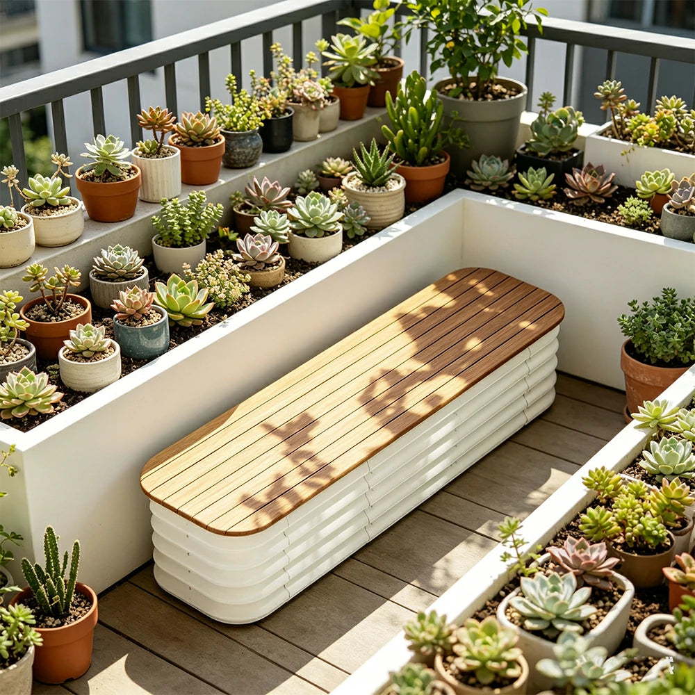 SOLARA Modular Raised Garden Bed with WPC Seat Cover Water Storage Outdoor Planter Box 160x40x43cm for Balcony Patio - White