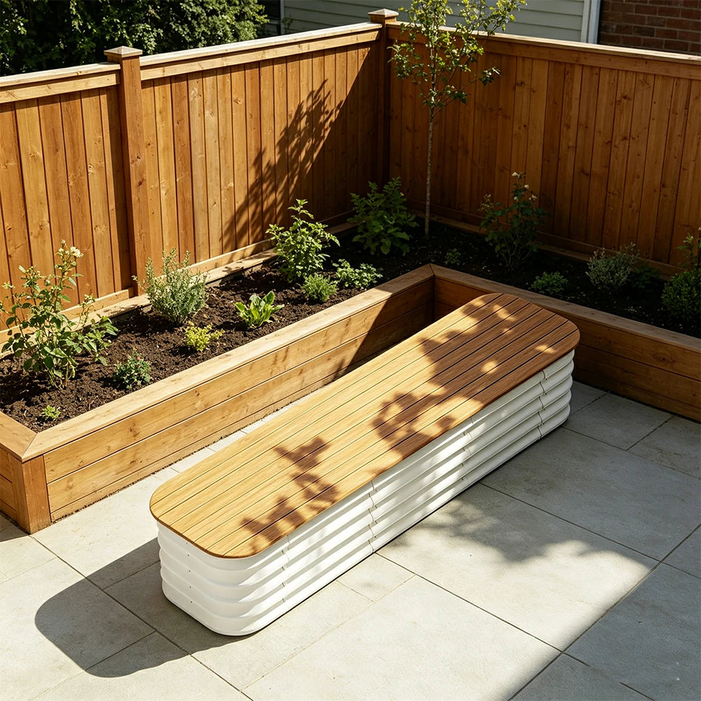 SOLARA Modular Raised Garden Bed with WPC Seat Cover Water Storage Outdoor Planter Box 160x40x43cm for Balcony Patio - White