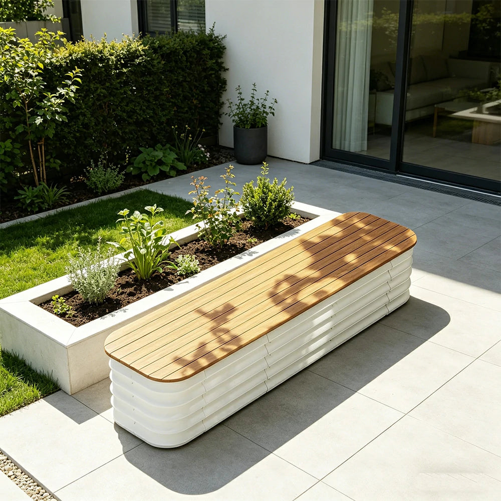 SOLARA Modular Raised Garden Bed with WPC Seat Cover Water Storage Outdoor Planter Box 160x40x43cm for Balcony Patio - White