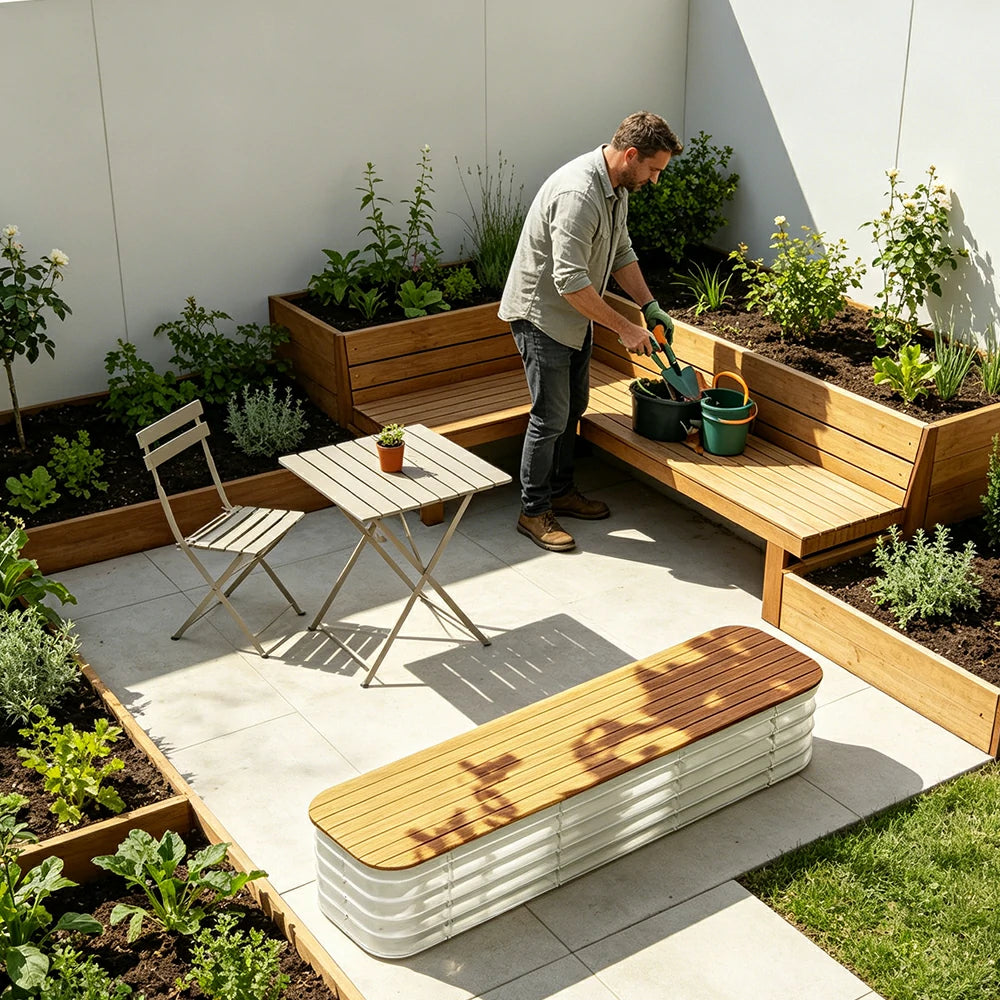 SOLARA Modular Raised Garden Bed with WPC Seat Cover Water Storage Outdoor Planter Box 160x40x43cm for Balcony Patio - White