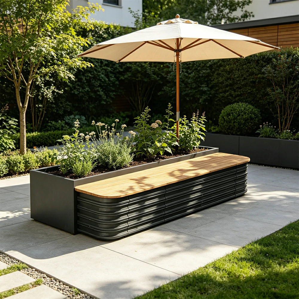 SOLARA Modular Raised Garden Bed with WPC Seat Cover Water Storage Outdoor Planter Box 160x40x43cm for Balcony Patio - Grey