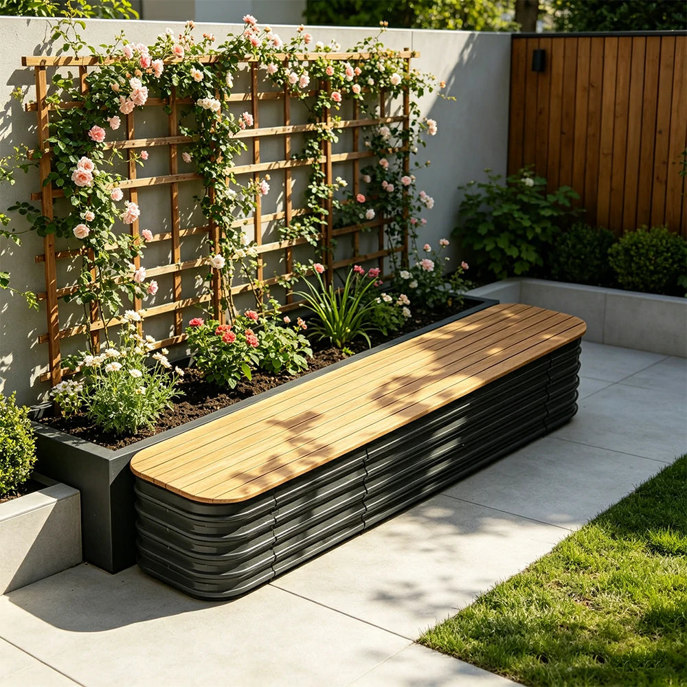 SOLARA Modular Raised Garden Bed with WPC Seat Cover Water Storage Outdoor Planter Box 160x40x43cm for Balcony Patio - Grey