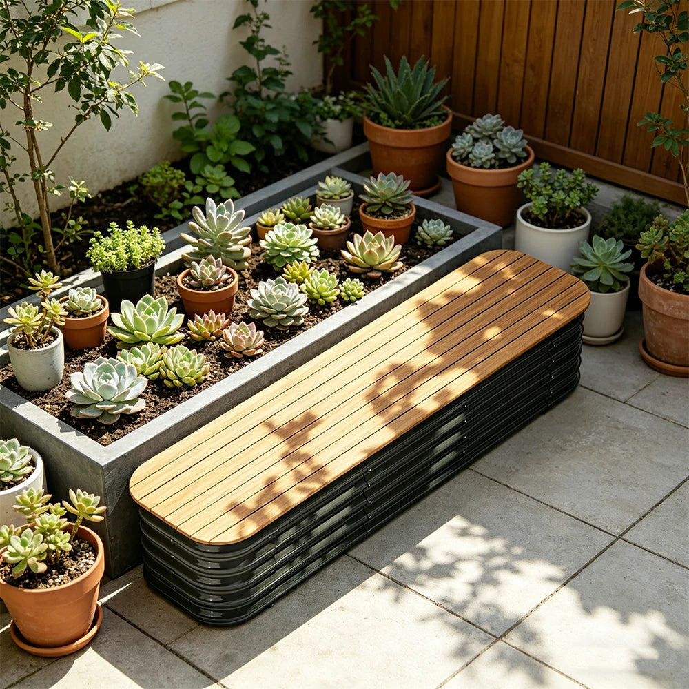 SOLARA Modular Raised Garden Bed with WPC Seat Cover Water Storage Outdoor Planter Box 160x40x43cm for Balcony Patio - Grey