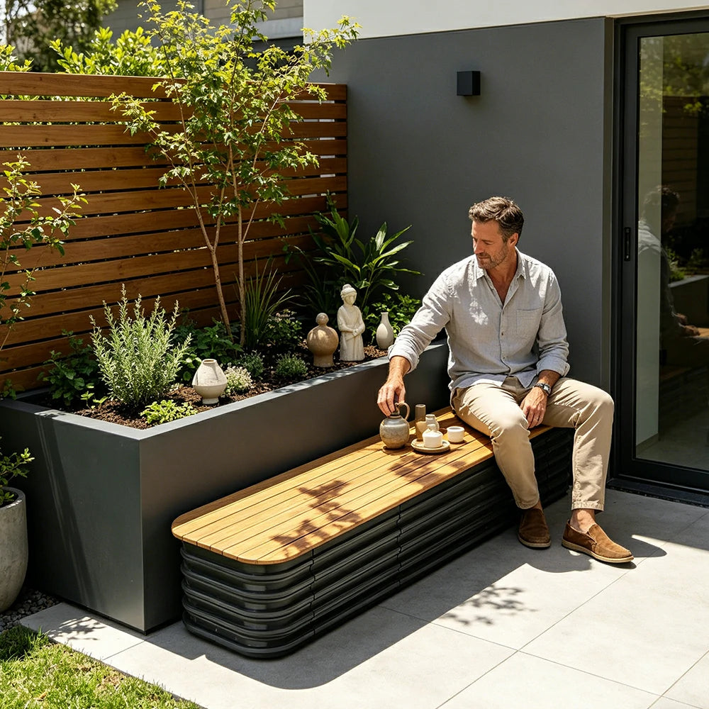 SOLARA Modular Raised Garden Bed with WPC Seat Cover Water Storage Outdoor Planter Box 160x40x43cm for Balcony Patio - Grey