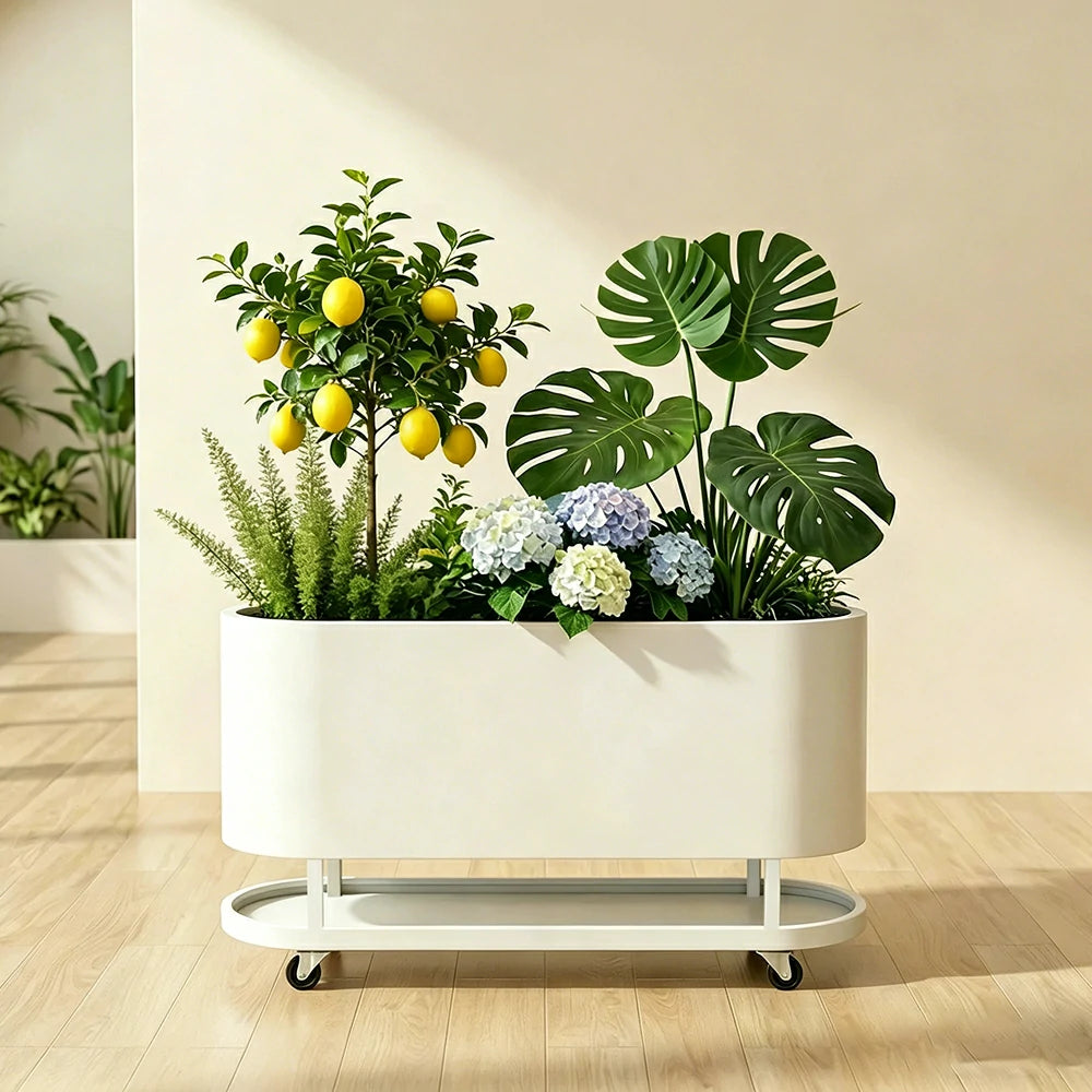 SOLARA Mobile Planter Box with Stainless Steel Frame Leak-Proof Rolling Garden Bed 80/100/120cm for Indoor Outdoor - White