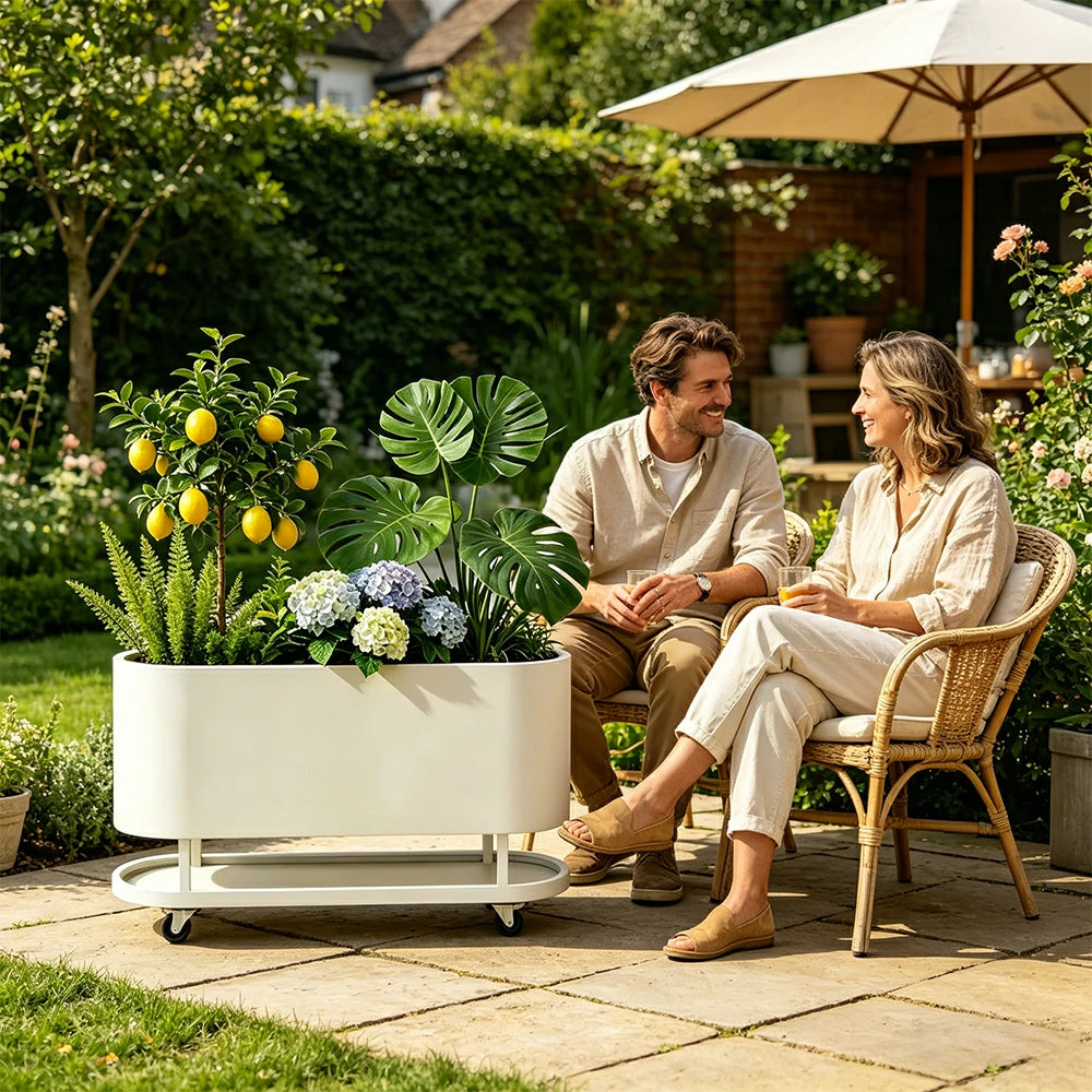 SOLARA Mobile Planter Box with Stainless Steel Frame Leak-Proof Rolling Garden Bed 80/100/120cm for Indoor Outdoor - White