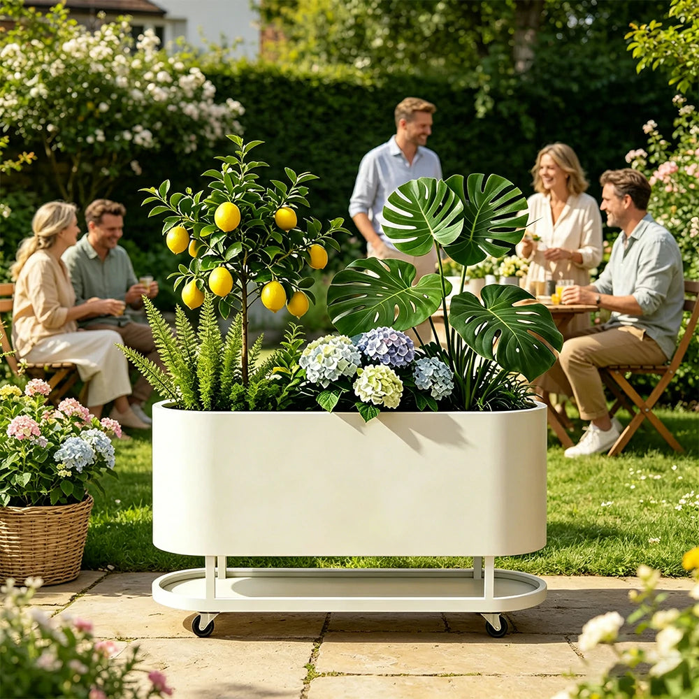 SOLARA Mobile Planter Box with Stainless Steel Frame Leak-Proof Rolling Garden Bed 80/100/120cm for Indoor Outdoor - White