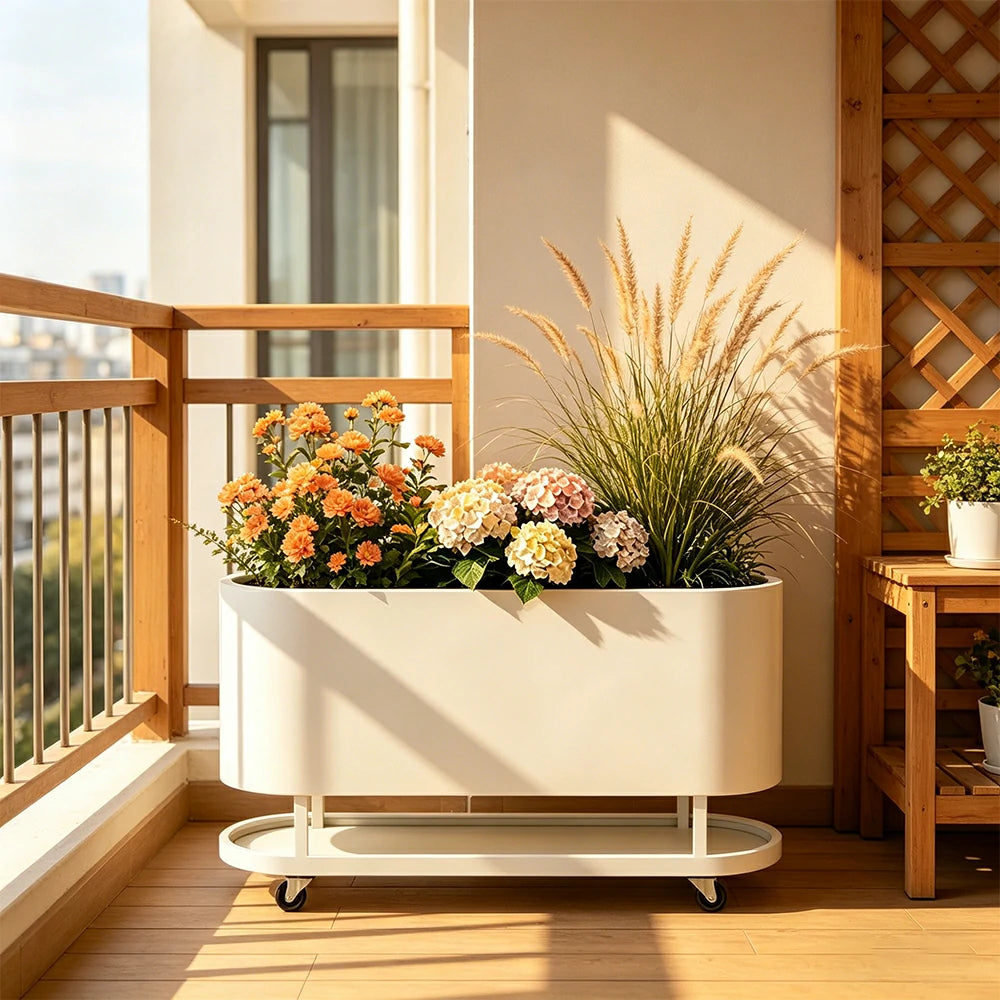 SOLARA Mobile Planter Box with Stainless Steel Frame Leak-Proof Rolling Garden Bed 80/100/120cm for Indoor Outdoor - White