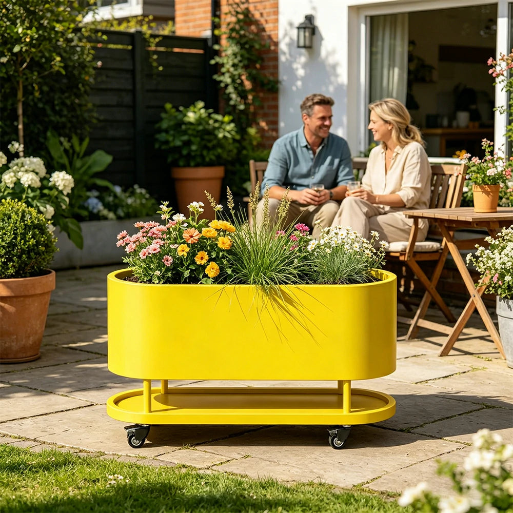 SOLARA Mobile Planter Box with Stainless Steel Frame Leak-Proof Rolling Garden Bed 80/100/120cm for Indoor Outdoor - Yellow