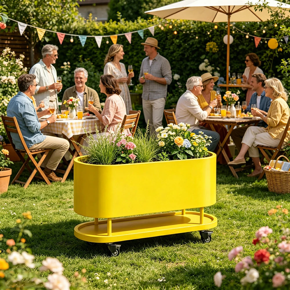 SOLARA Mobile Planter Box with Stainless Steel Frame Leak-Proof Rolling Garden Bed 80/100/120cm for Indoor Outdoor - Yellow