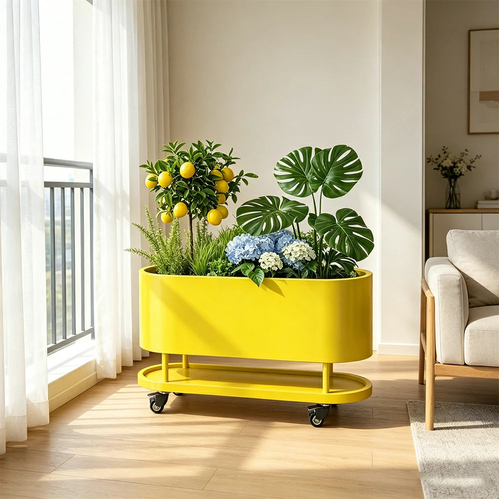 SOLARA Mobile Planter Box with Stainless Steel Frame Leak-Proof Rolling Garden Bed 80/100/120cm for Indoor Outdoor - Yellow