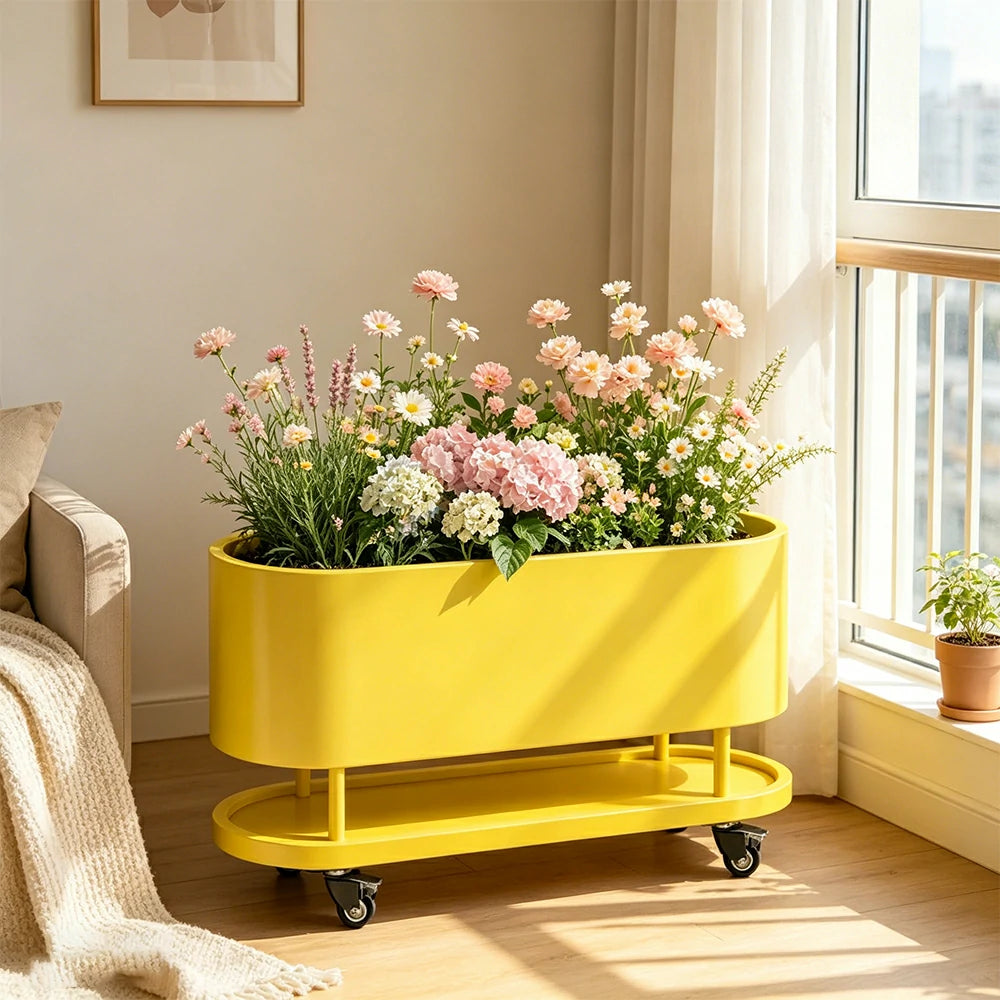 SOLARA Mobile Planter Box with Stainless Steel Frame Leak-Proof Rolling Garden Bed 80/100/120cm for Indoor Outdoor - Yellow
