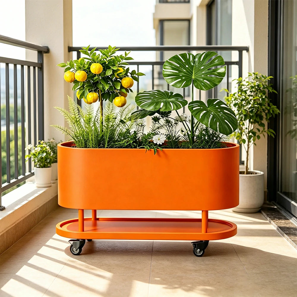SOLARA Mobile Planter Box with Stainless Steel Frame Leak-Proof Rolling Garden Bed 80/100/120cm for Indoor Outdoor - Orange