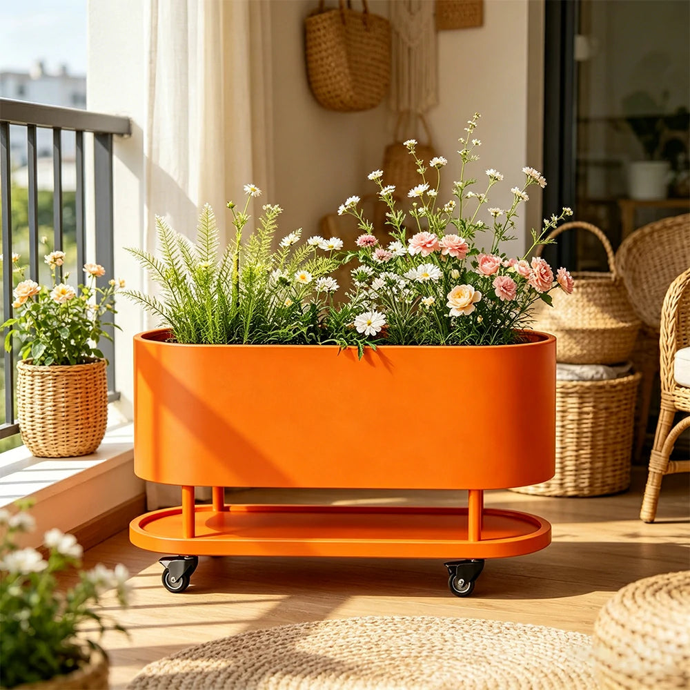 SOLARA Mobile Planter Box with Stainless Steel Frame Leak-Proof Rolling Garden Bed 80/100/120cm for Indoor Outdoor - Orange
