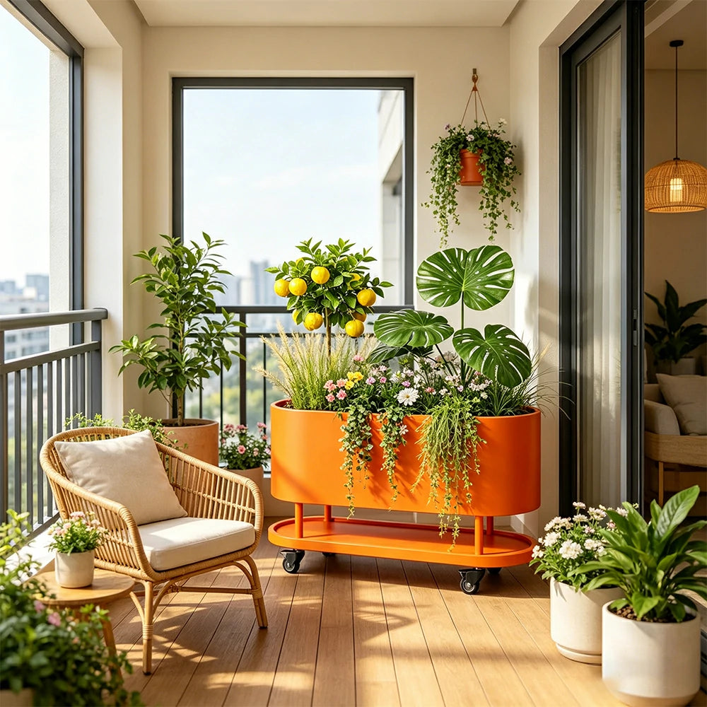 SOLARA Mobile Planter Box with Stainless Steel Frame Leak-Proof Rolling Garden Bed 80/100/120cm for Indoor Outdoor - Orange