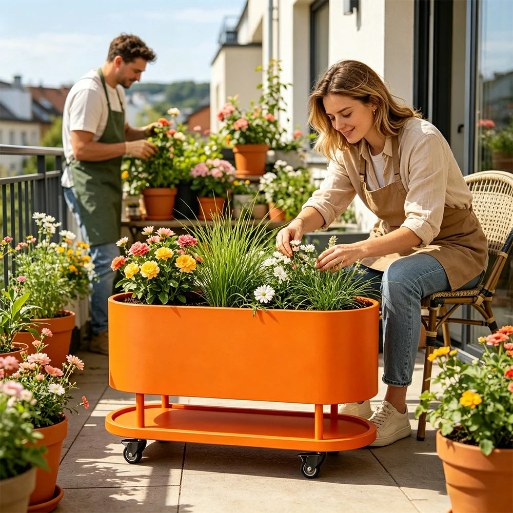 SOLARA Mobile Planter Box with Stainless Steel Frame Leak-Proof Rolling Garden Bed 80/100/120cm for Indoor Outdoor - Orange
