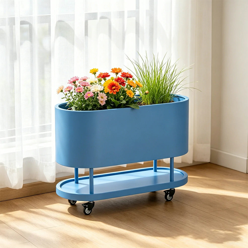 SOLARA Mobile Planter Box with Stainless Steel Frame Leak-Proof Rolling Garden Bed 80/100/120cm for Indoor Outdoor - Blue