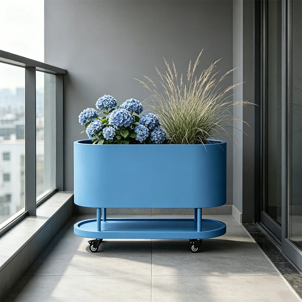 SOLARA Mobile Planter Box with Stainless Steel Frame Leak-Proof Rolling Garden Bed 80/100/120cm for Indoor Outdoor - Blue